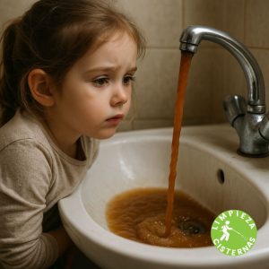 Niña viendo agua caer sucia